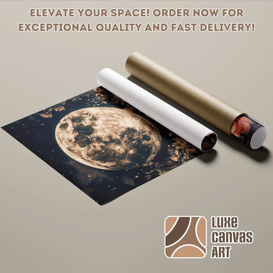 Moon Poster Roll with floral accents, dark blue and sepia tones. Elevate your space!