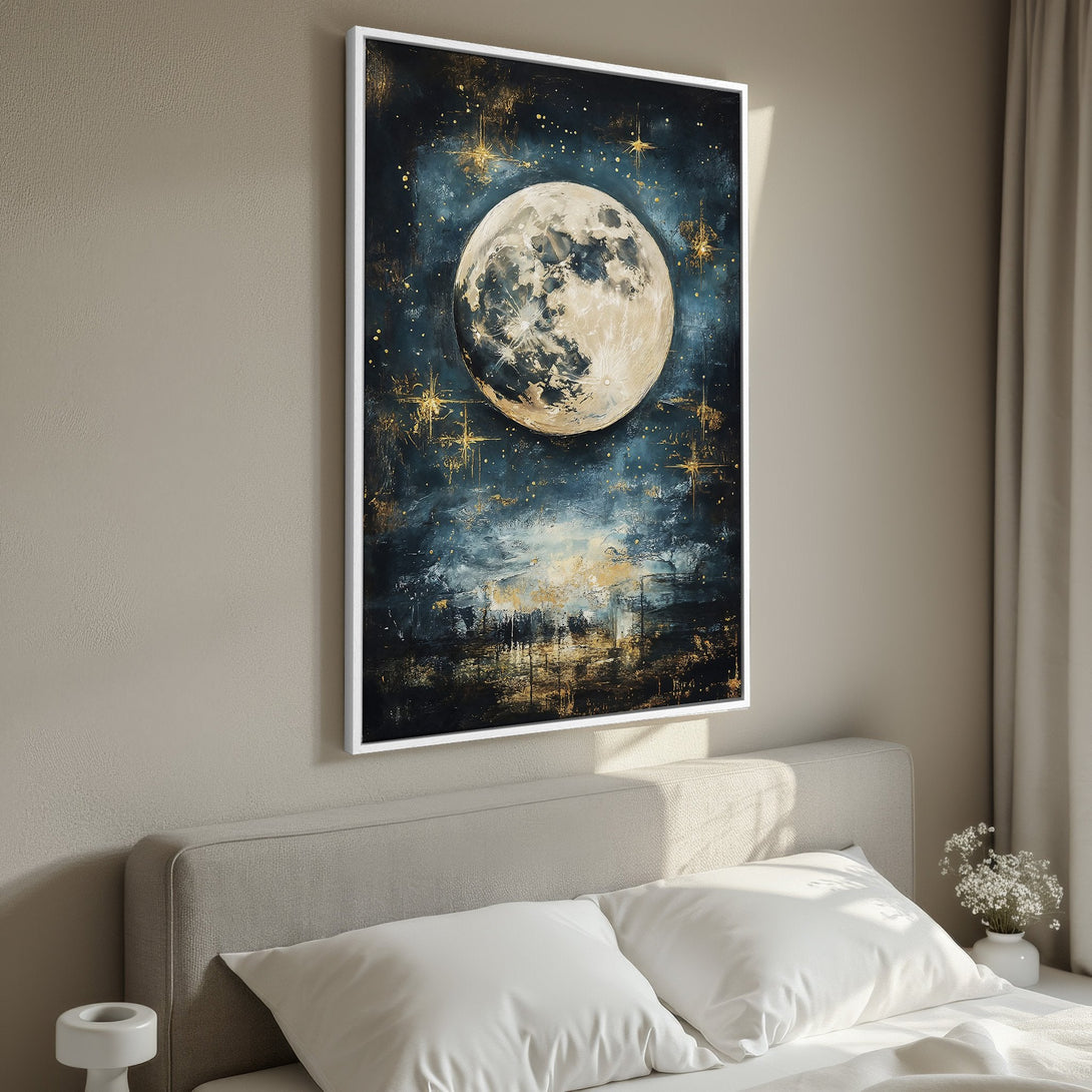 Framed Wall Art featuring a celestial moon painting in a dark blue and gold color palette. Perfect for bedroom decor!