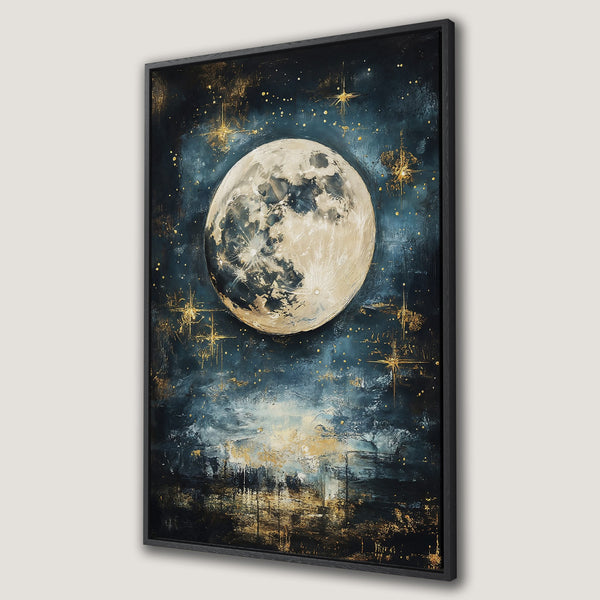 Framed Wall Art: Abstract moonlit night canvas print. Dark blue, gold, and cream color palette. Perfect for modern home decor.