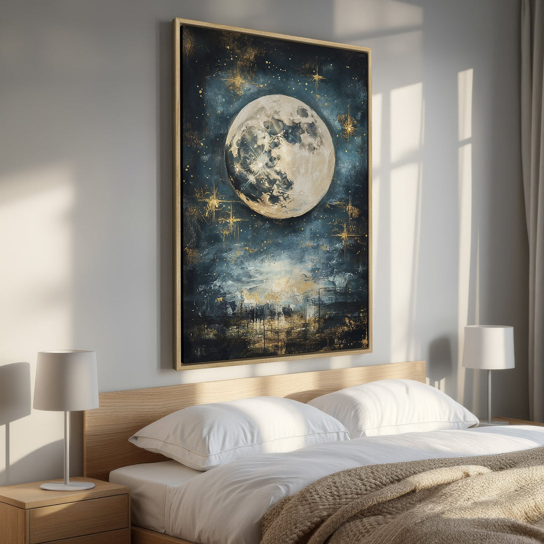 Framed Wall Art: Stunning moon and stars canvas print in a bedroom. Features a dark blue and gold color palette, perfect for adding a celestial touch.