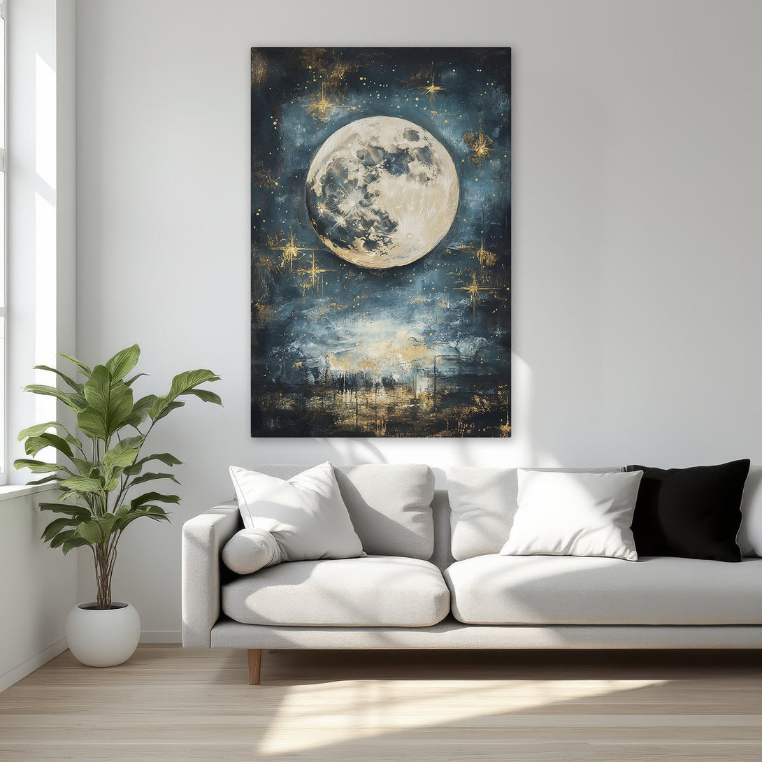 Framed Wall Art featuring a stunning moon painting in a luxurious bedroom. Dark blue and gold color palette adds elegance. Perfect for modern home decor.