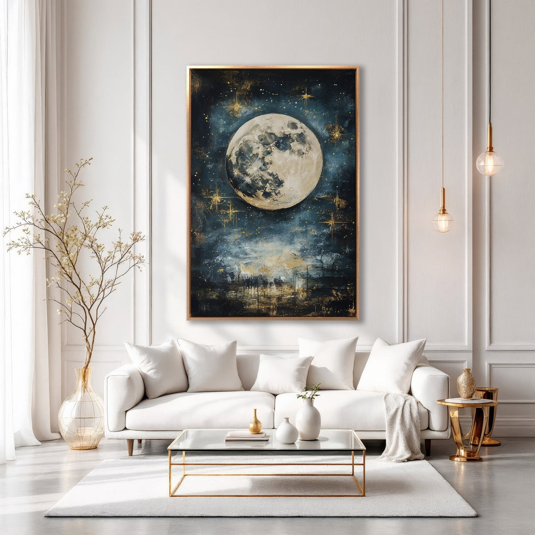 Framed Wall Art: Stunning moon painting in a gold frame. Dark blue, gold, and white color palette. Perfect for modern living room decor.