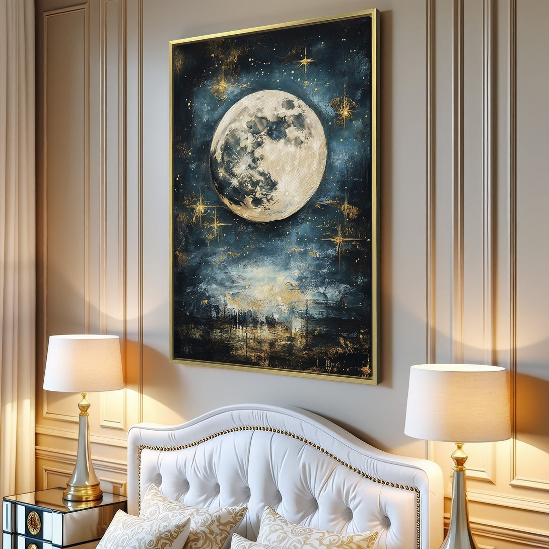 Canvas Print of a celestial moon and stars art piece in a modern interior. Features a dark blue and gold color palette.