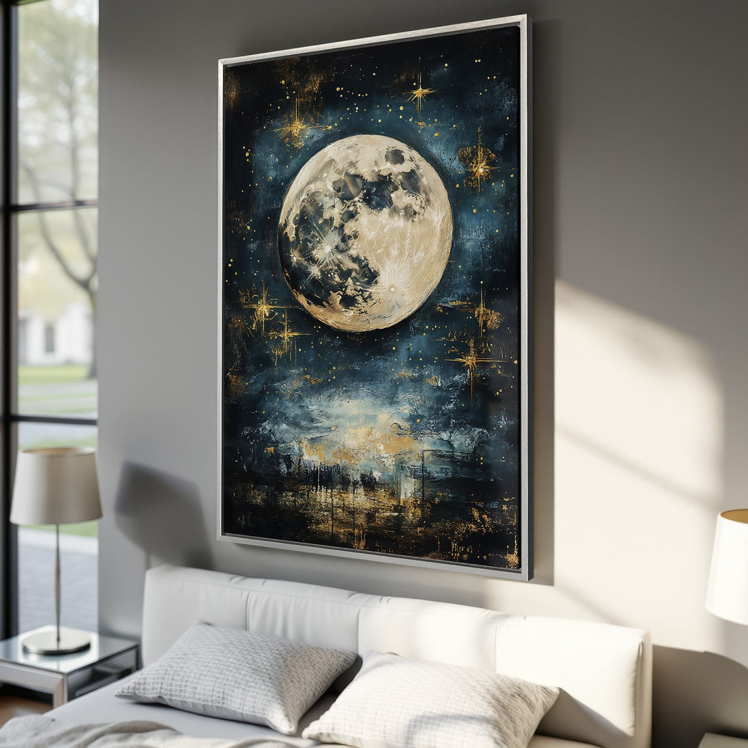 Framed Wall Art featuring a stunning moonlit night scene. Abstract style with a dark blue, gold, and cream color palette. Perfect for bedroom decor.