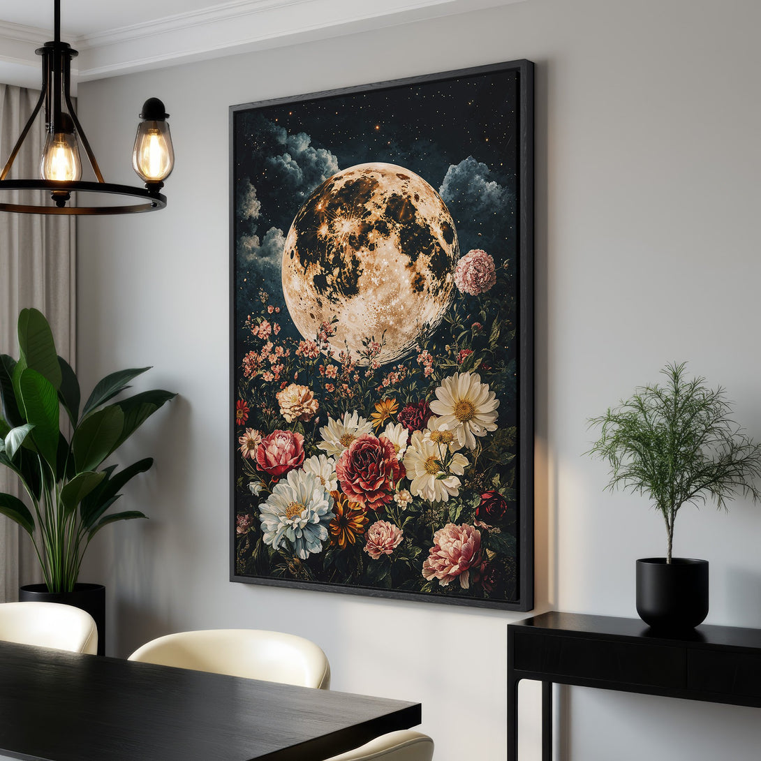 Framed Wall Art featuring a celestial moon and floral design. Romantic, vintage style with a rich, dark color palette. Perfect for adding elegance to your space!