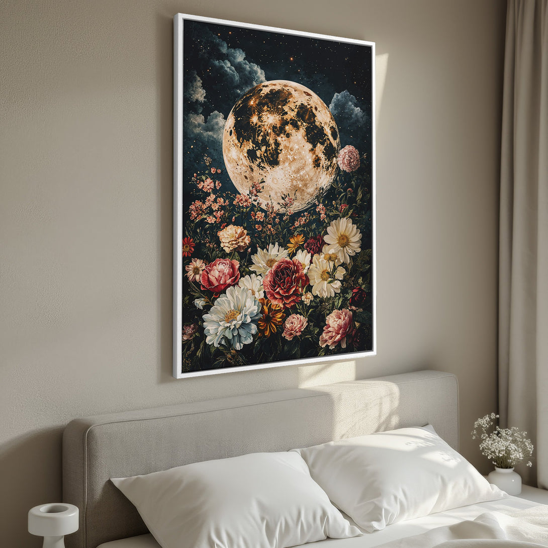 Framed Wall Art featuring a romantic moon and floral scene in a dark, moody color palette. Perfect for adding a touch of elegance to your bedroom.