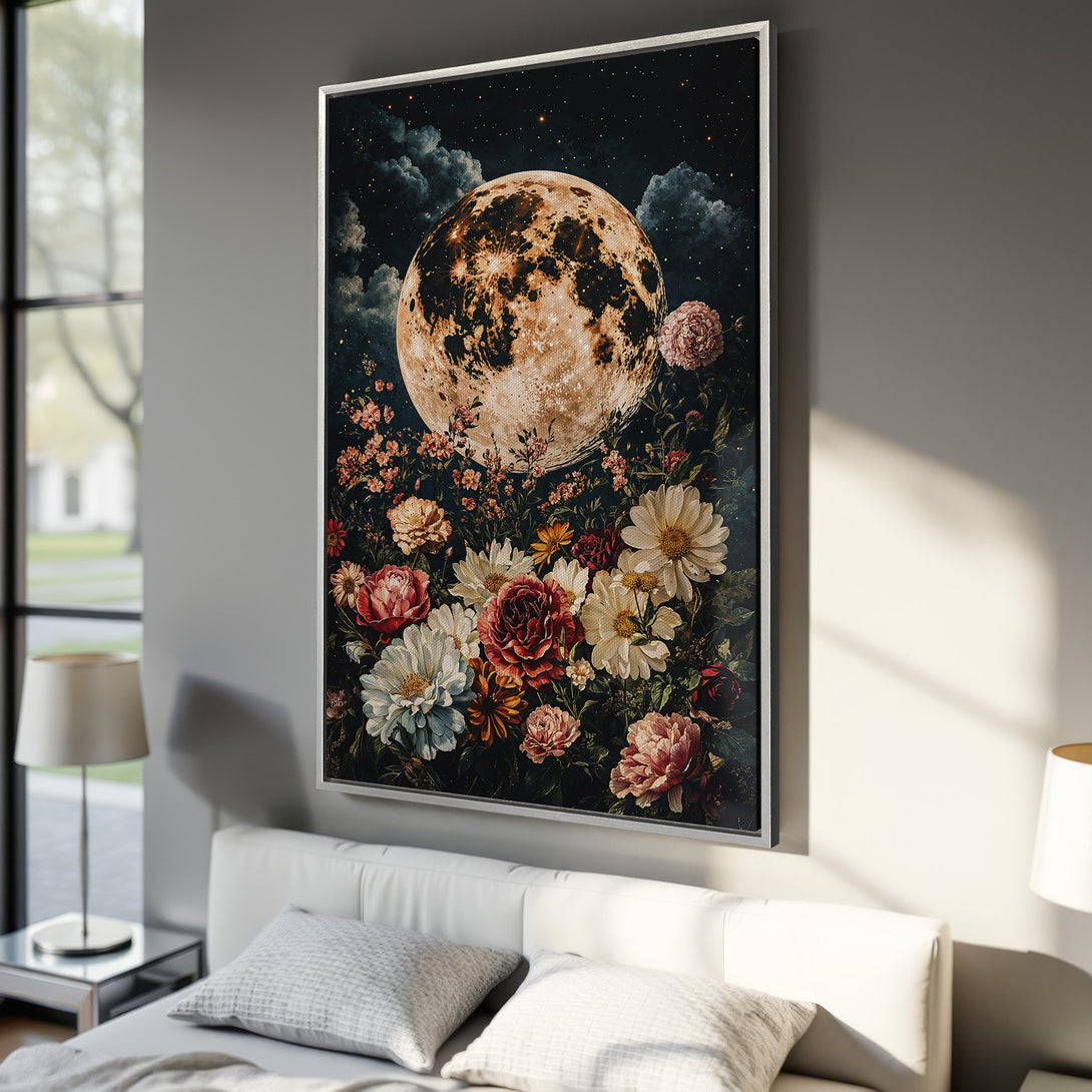 Framed Wall Art: Stunning moon and floral Canvas Print in a bedroom. Features dark, moody tones with pops of color. Perfect for adding art to your space!