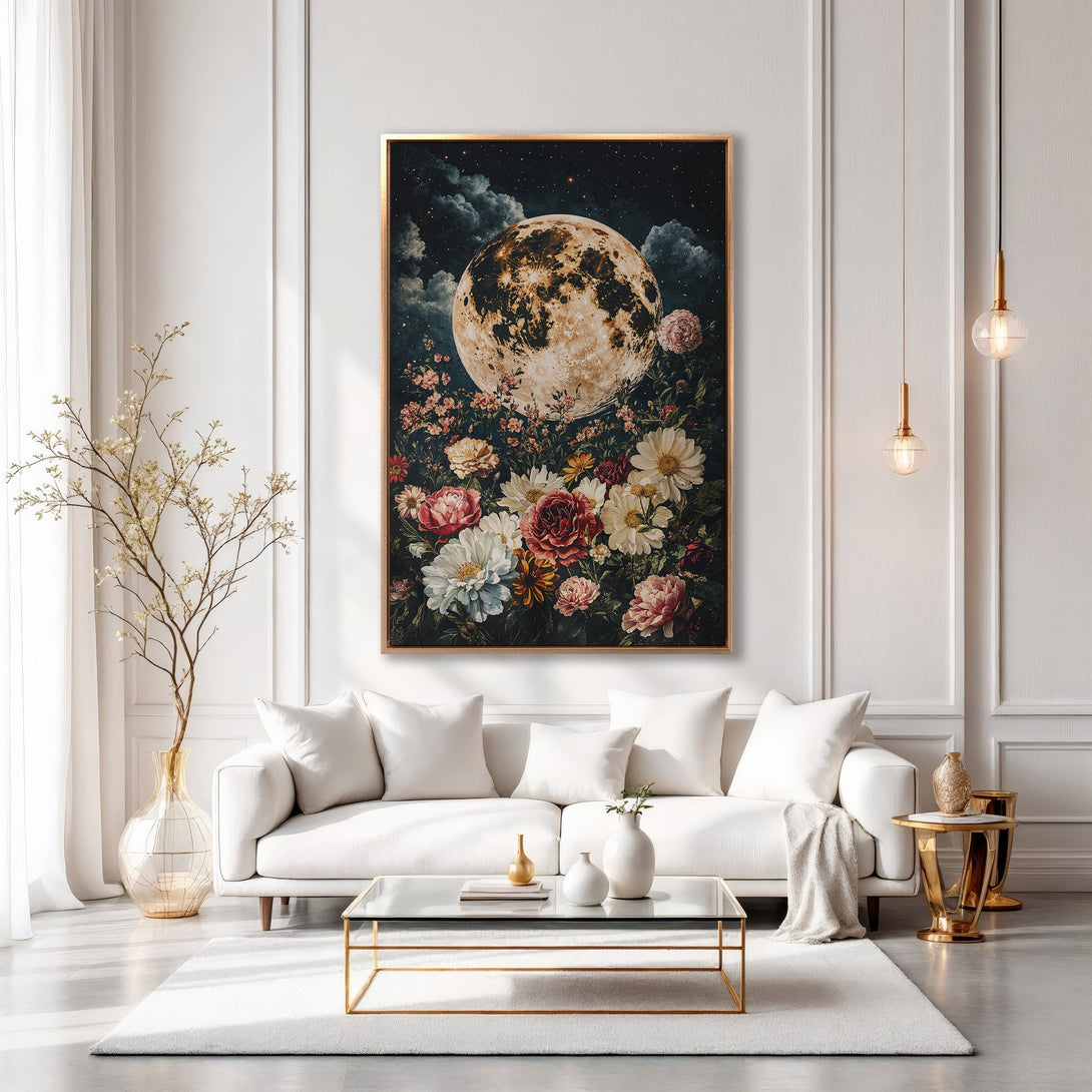 Framed Wall Art: Moon and floral canvas print in a modern living room. Dark, moody color palette with gold accents. Perfect for a stylish home.