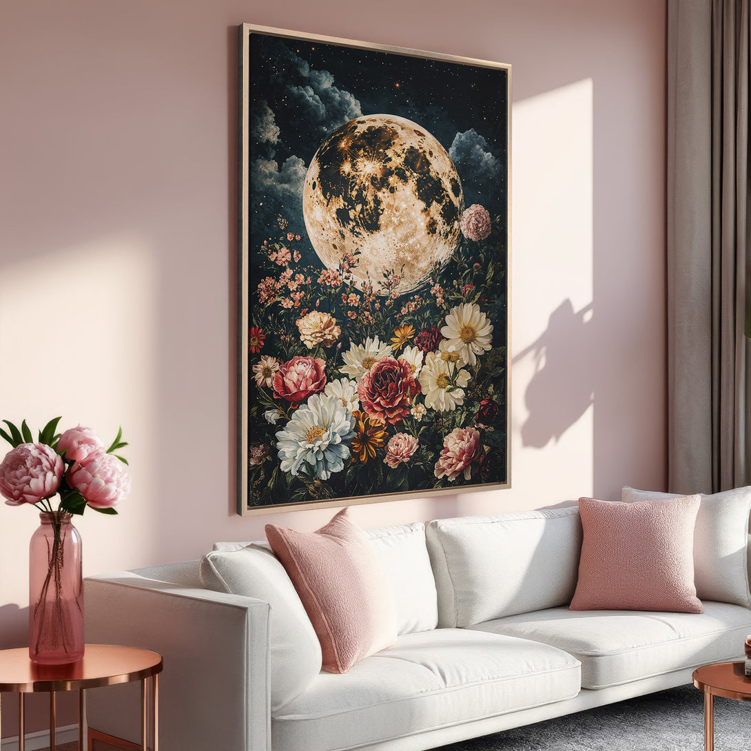 Framed Wall Art: Moon and floral canvas print in a warm color palette. Perfect for adding a touch of art to your living room.
