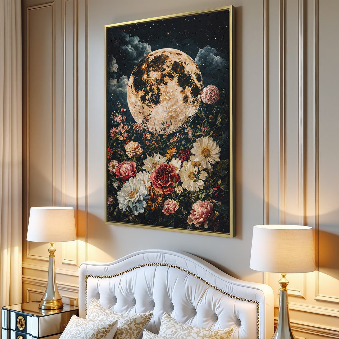 Canvas Print featuring a dreamy moon and floral art. Romantic style with a dark, moody color palette, perfect for adding a touch of magic.