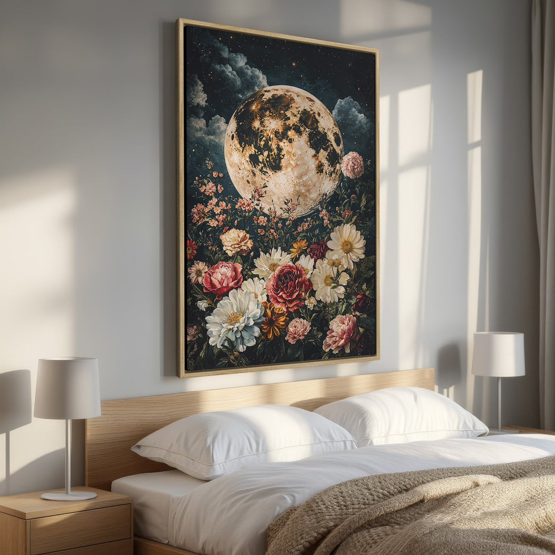 Framed Wall Art: Moon and floral Canvas Print in warm tones. Perfect bedroom decor. Celestial, vintage style with a dark, moody color palette.