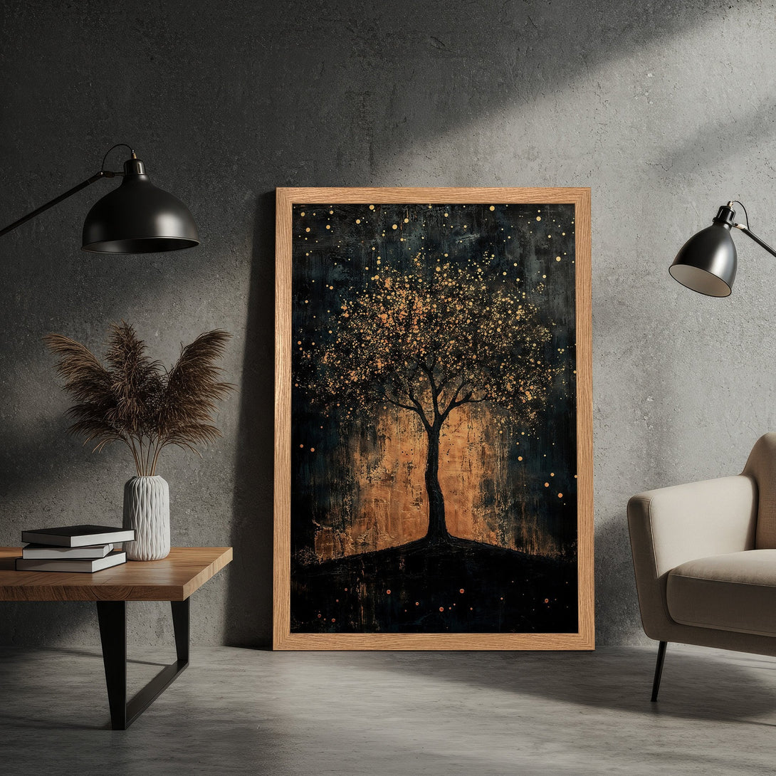 Framed Poster featuring an abstract tree art print with gold accents on a dark background. Modern style, warm color palette. Perfect wall decor.
