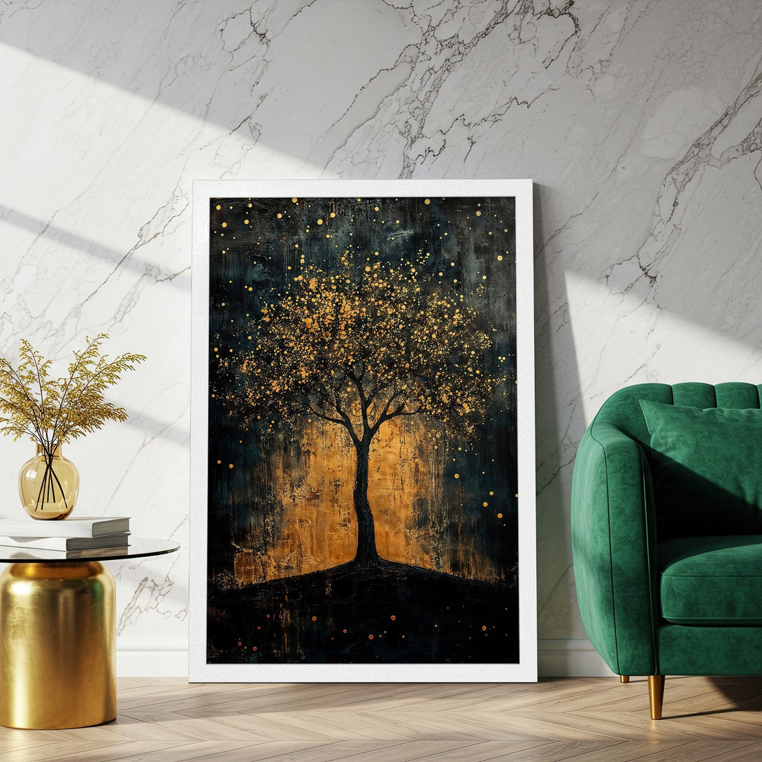 Framed Poster featuring an abstract tree in gold and dark blue. Modern art print for home decor.