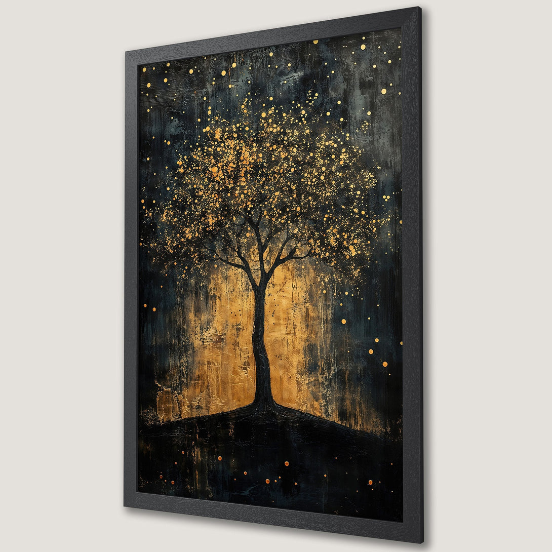 Framed Poster featuring an abstract tree with gold accents on a dark background, perfect for modern decor.