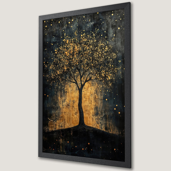 Framed Poster featuring an abstract tree with gold accents on a dark background, perfect for modern decor.