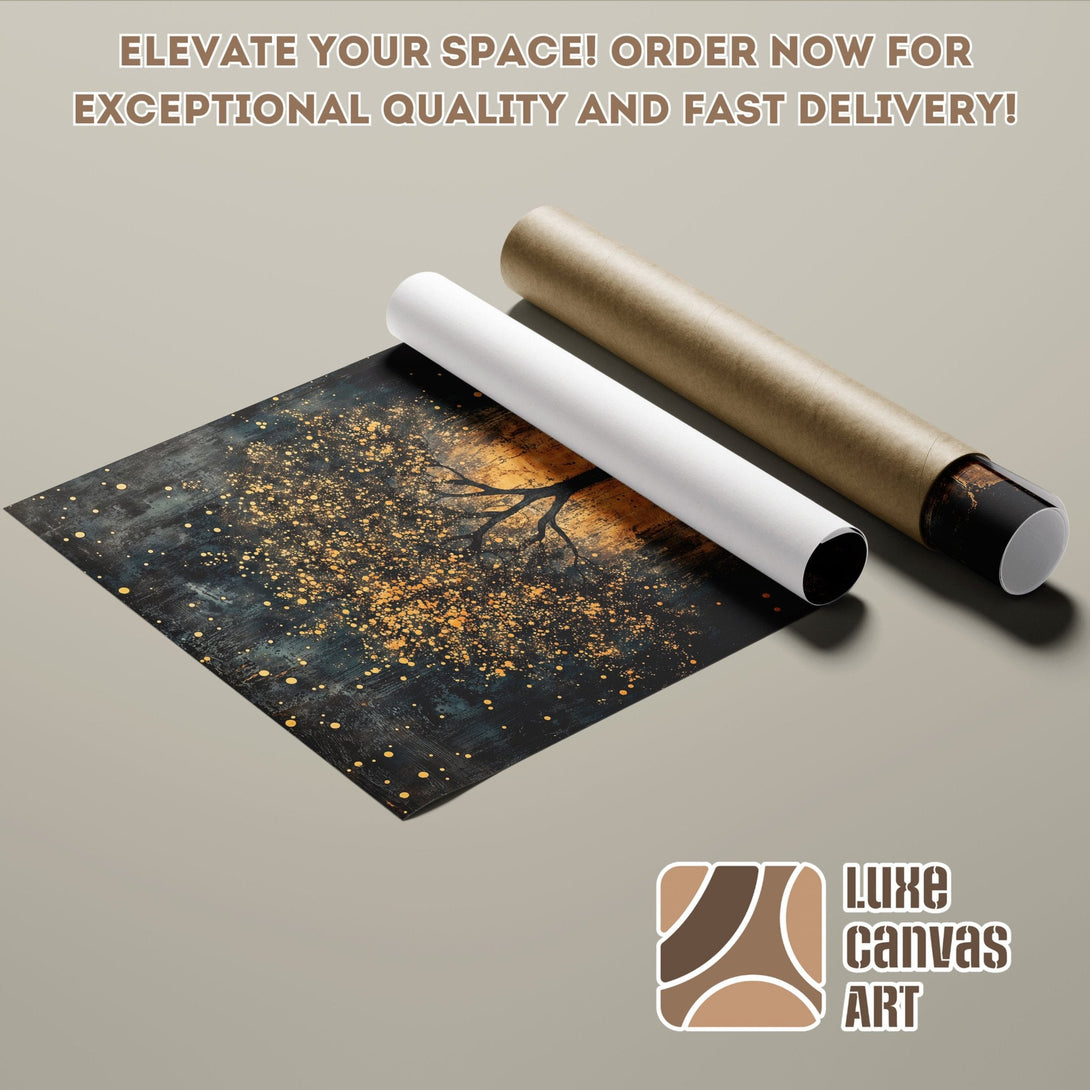 Abstract tree art Poster Roll in dark blue, gold, and brown color palette. Order yours today!