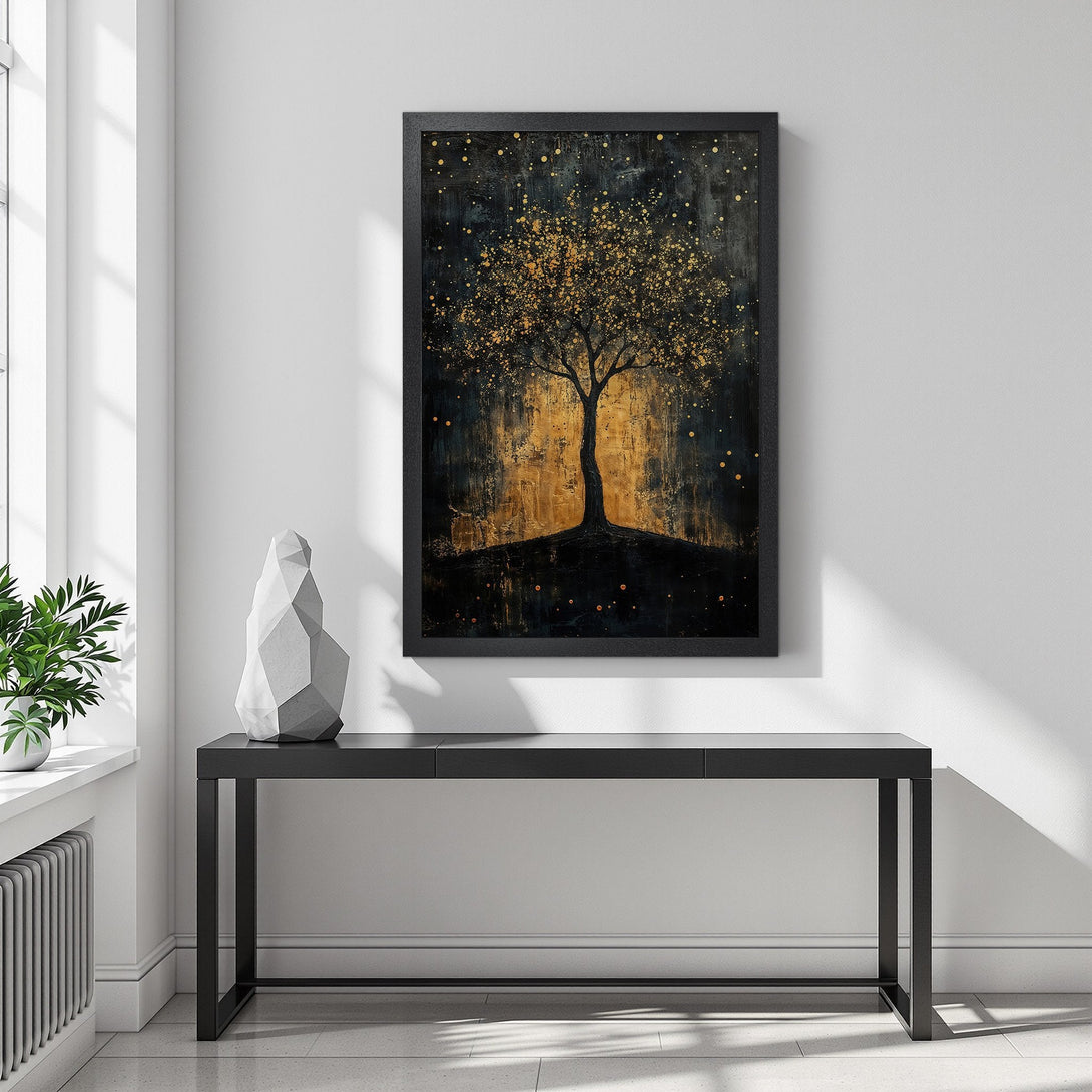 Framed Poster featuring a gold and black abstract tree art print. Modern decor with a striking color palette. Enhance your space!