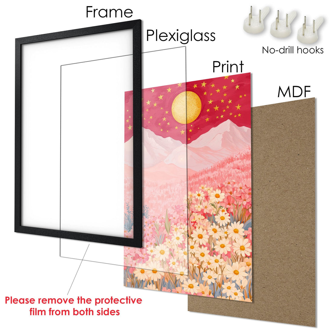 Framed Poster featuring a dreamy landscape with a warm color palette. Perfect art for your home!