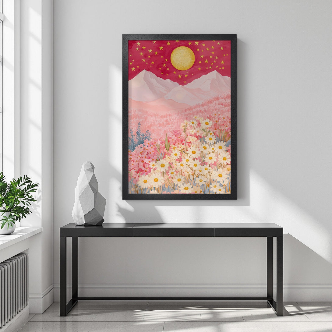 Framed Poster featuring a whimsical floral landscape with mountains, moon, and stars in a pink and red color palette. Perfect wall art!