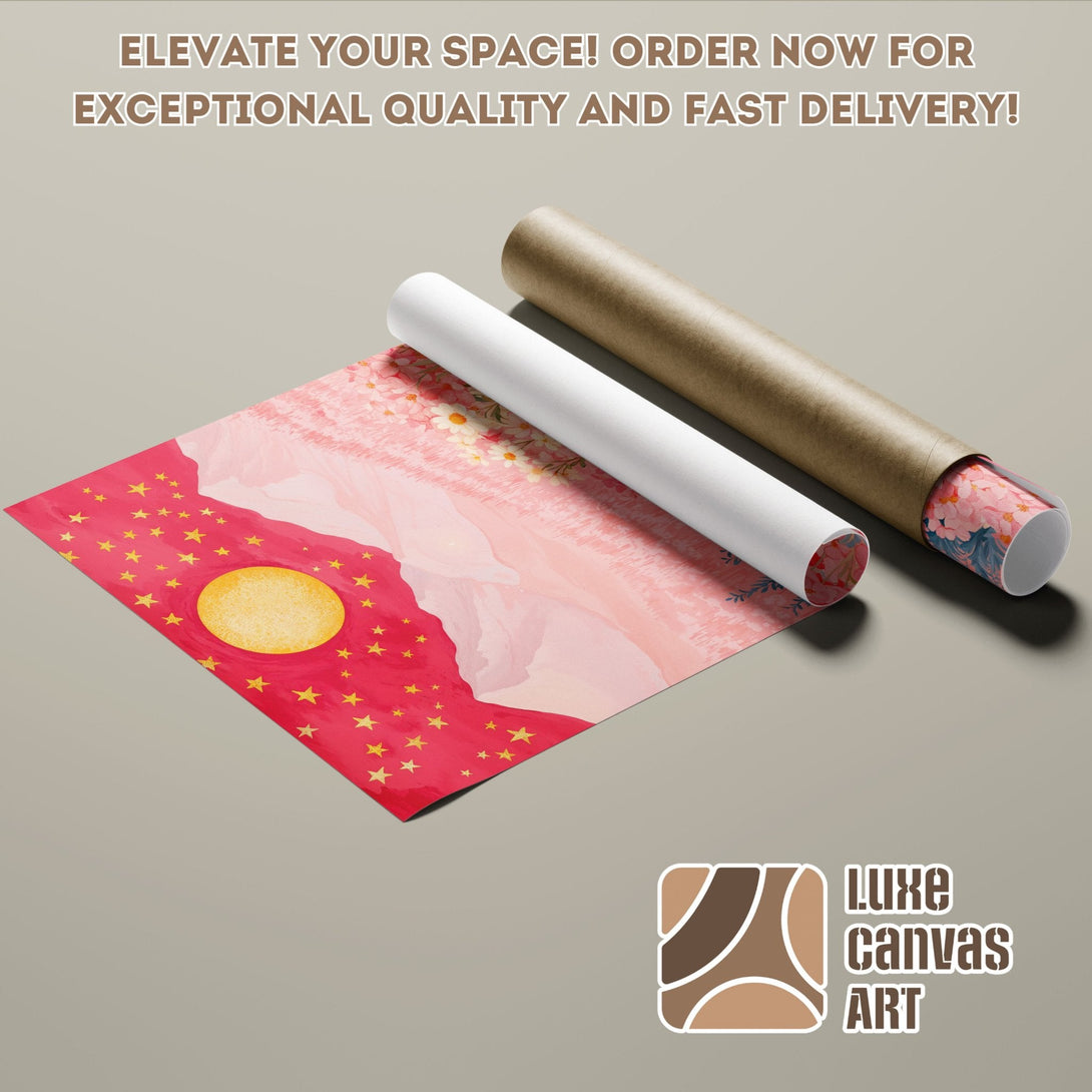 Poster Roll featuring a vibrant watercolor landscape in pink and red hues, with gold stars. Elevate your space with Luxe Canvas Art!