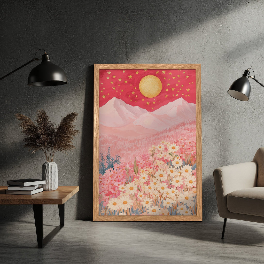 Framed Poster featuring a whimsical landscape with mountains, flowers, and a moon. Soft, dreamy style with a pink and gold color palette.