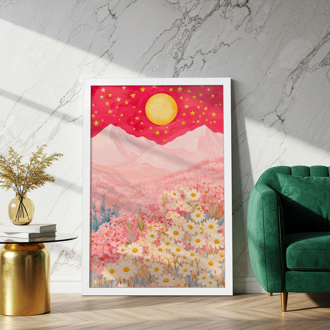 Framed Poster featuring a whimsical landscape with mountains, flowers, and a starry sky. Pastel color palette with pinks, reds, and gold. Perfect wall art!