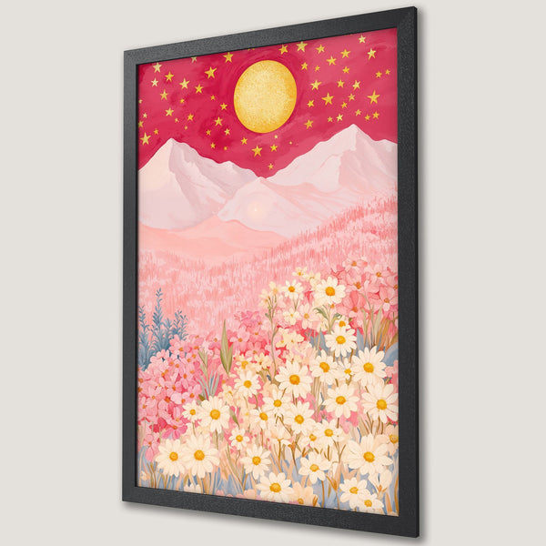 Framed Poster featuring a whimsical floral landscape with a pink and gold color palette. Dreamy art print for your home decor.