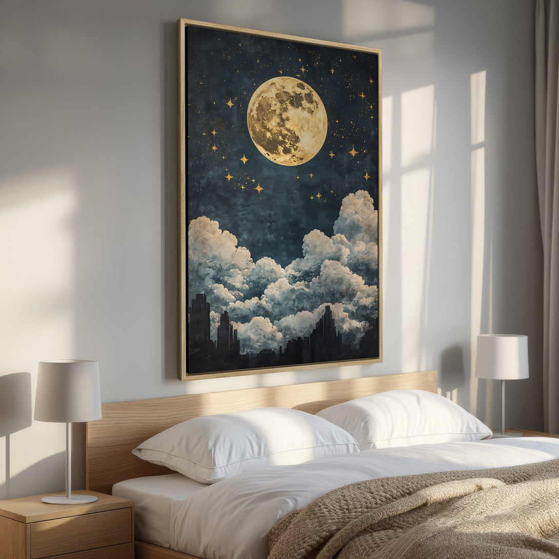 Framed Wall Art: Celestial moon and stars canvas print with a dreamy, dark blue and gold color palette. Perfect for bedroom decor!