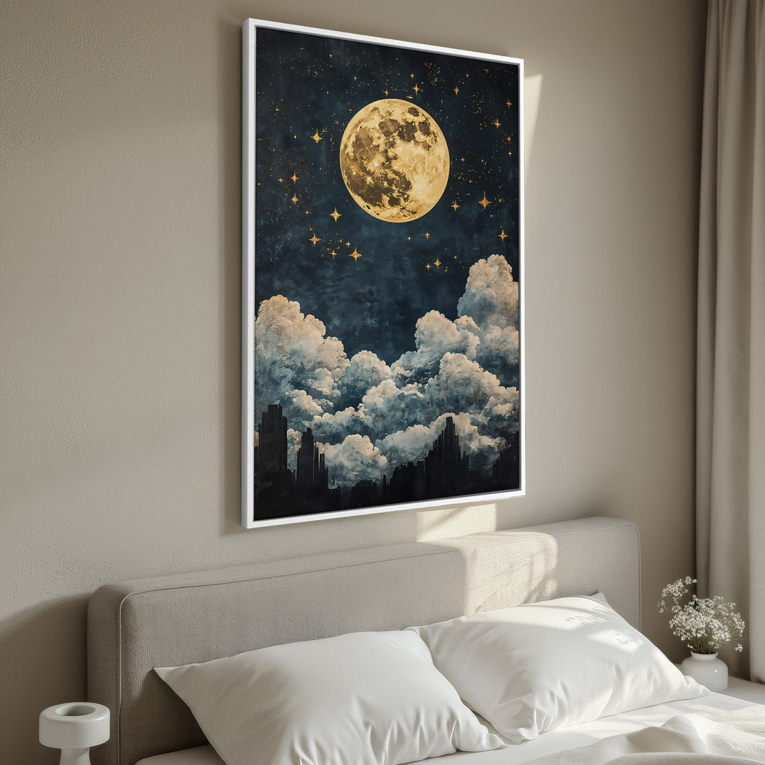 Framed Wall Art: Celestial night sky canvas print with a moon, stars, and clouds. Moody, dark blue and gold color palette. Perfect bedroom decor.