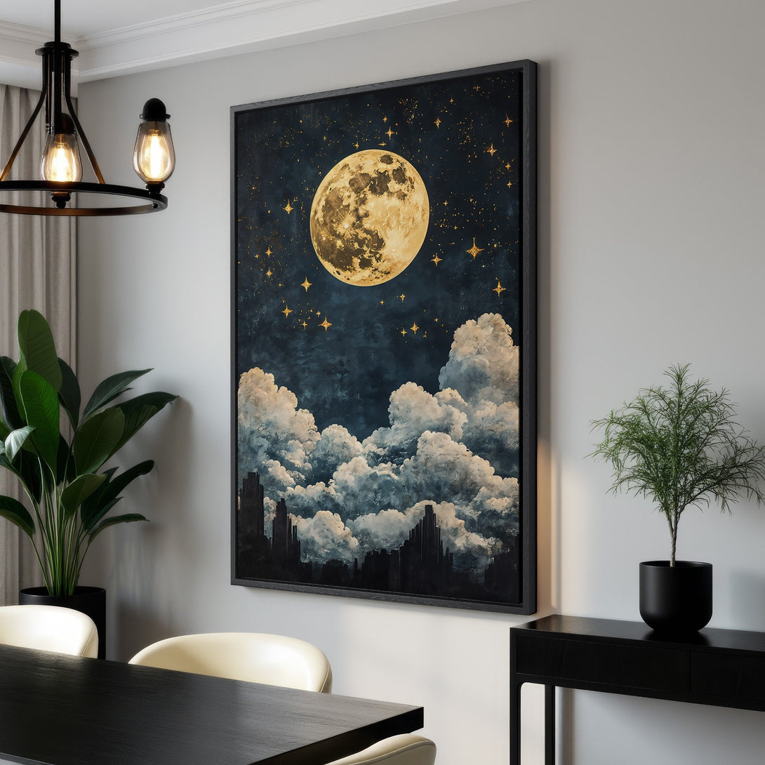Framed Wall Art featuring a moonlit night sky with gold stars and clouds. Moody, artistic style with a dark blue and gold color palette, perfect for home decor.