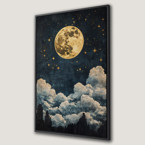 Framed Wall Art featuring a celestial night scene with a moon, stars, and clouds in a dark blue and gold color palette. Perfect for adding a touch of magic!