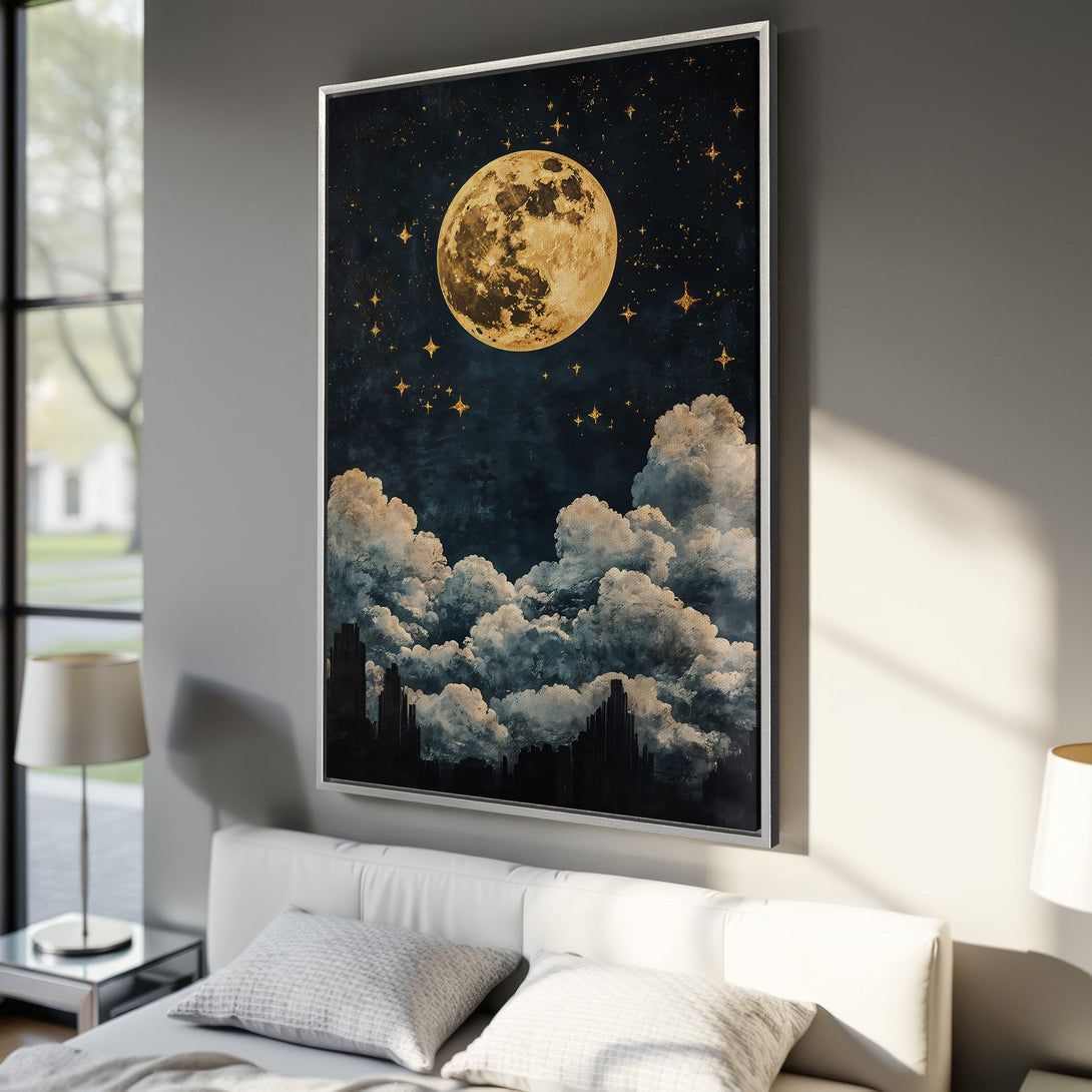 Framed Wall Art featuring a dreamy night sky with a moon and clouds. This canvas print in a dark blue and gold palette adds a touch of celestial elegance.
