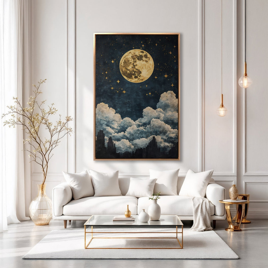 Framed Wall Art: Moon & stars canvas print in a modern living room. Dark blue, gold, and white color palette. Elevate your space with celestial art!