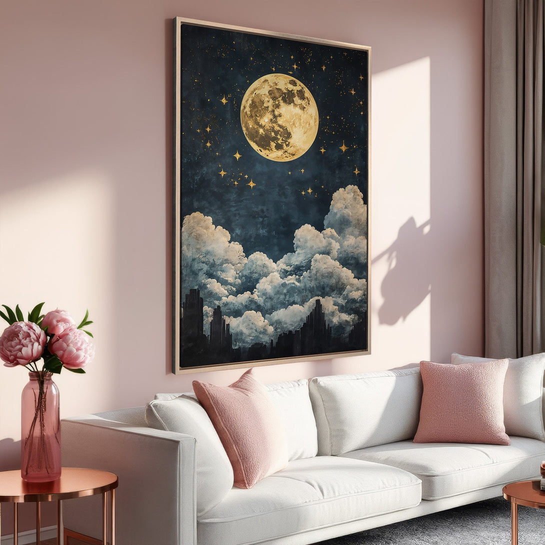 Framed Wall Art: Celestial moon and stars canvas print in a modern interior with a blush pink and gold color palette. Elevate your home decor!