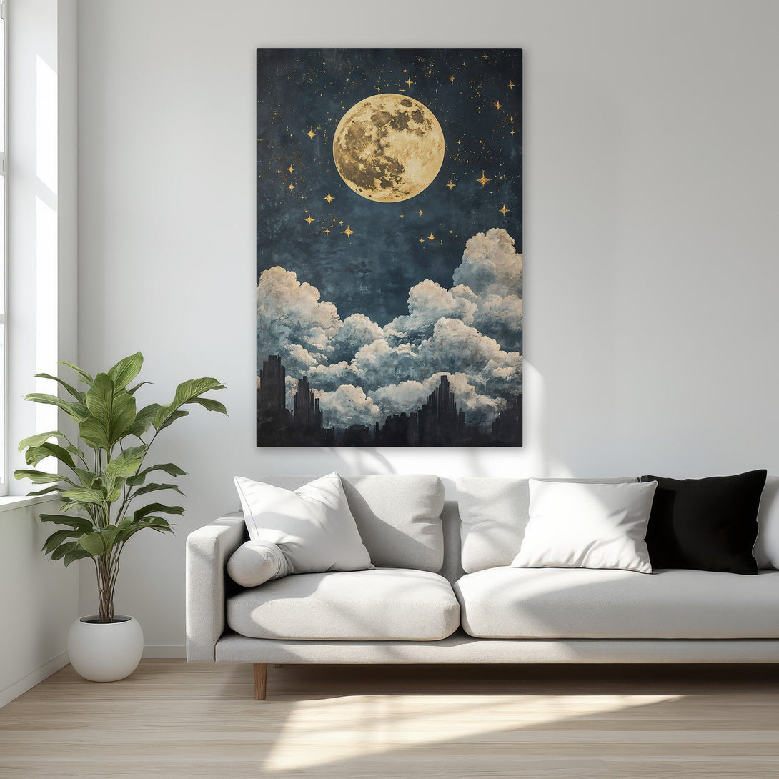 Framed Wall Art featuring a celestial moon and stars over a cityscape, in a dreamy blue, gold, and white color palette. Perfect for bedroom decor!