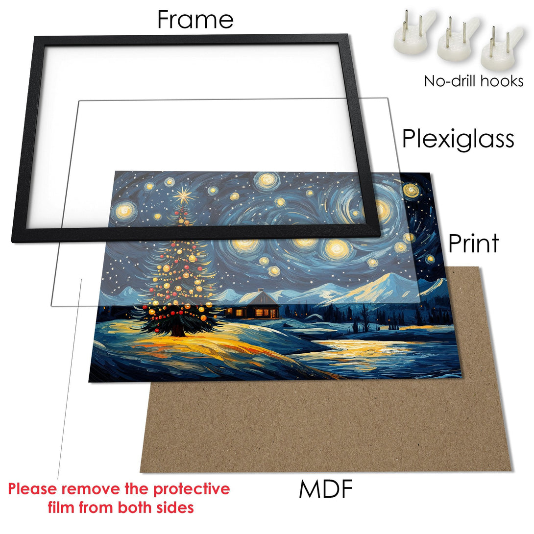 Framed Poster of a winter landscape in a Van Gogh style, featuring a Christmas tree, with a blue and yellow color palette.