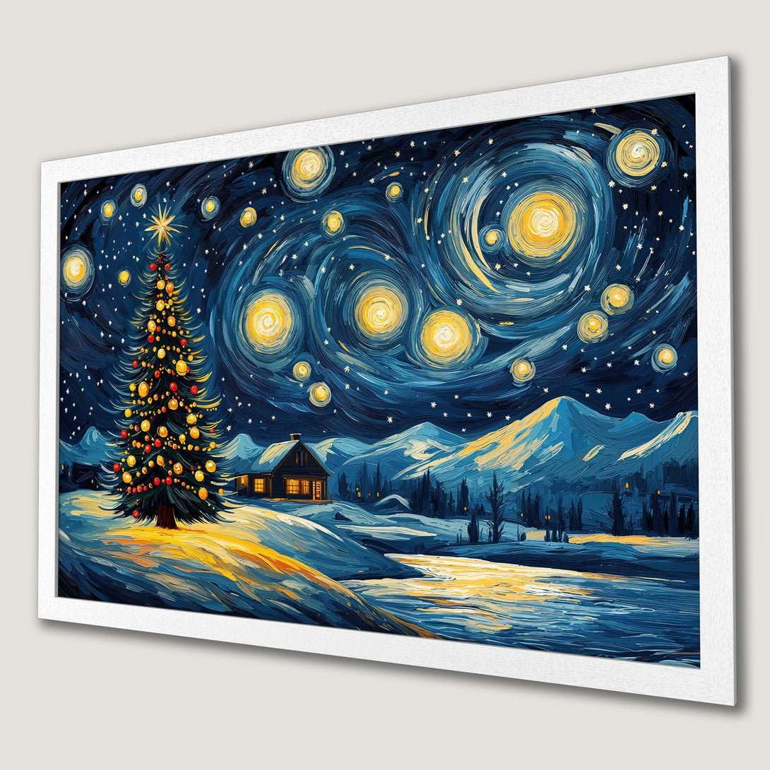 Framed Poster of a starry night winter scene with a Christmas tree. Impressionistic style, blue and gold color palette. Perfect holiday decor!
