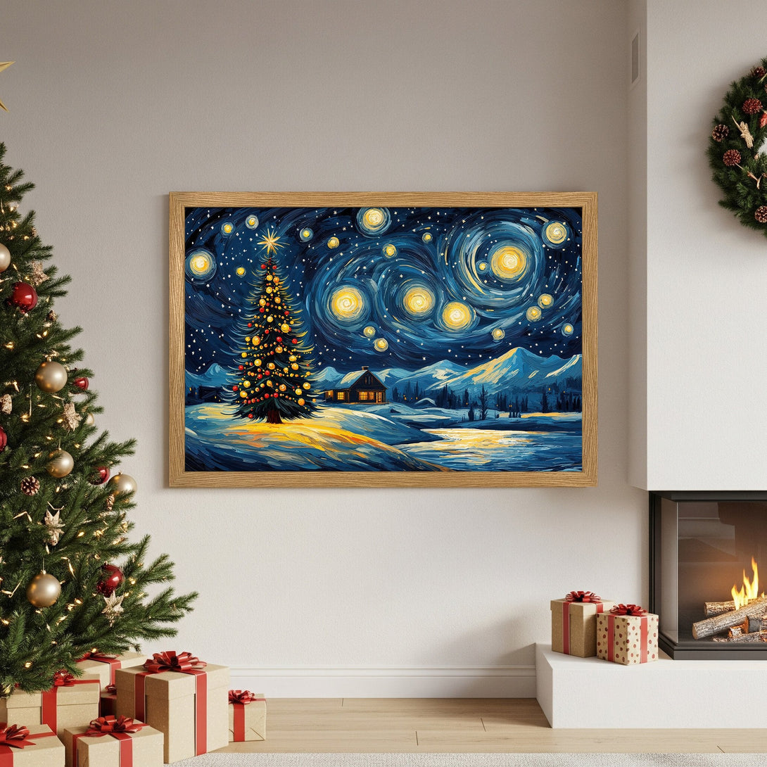 Framed Poster of a winter night scene with a Christmas tree, in a Van Gogh style, with blue and yellow hues. Perfect holiday decor!