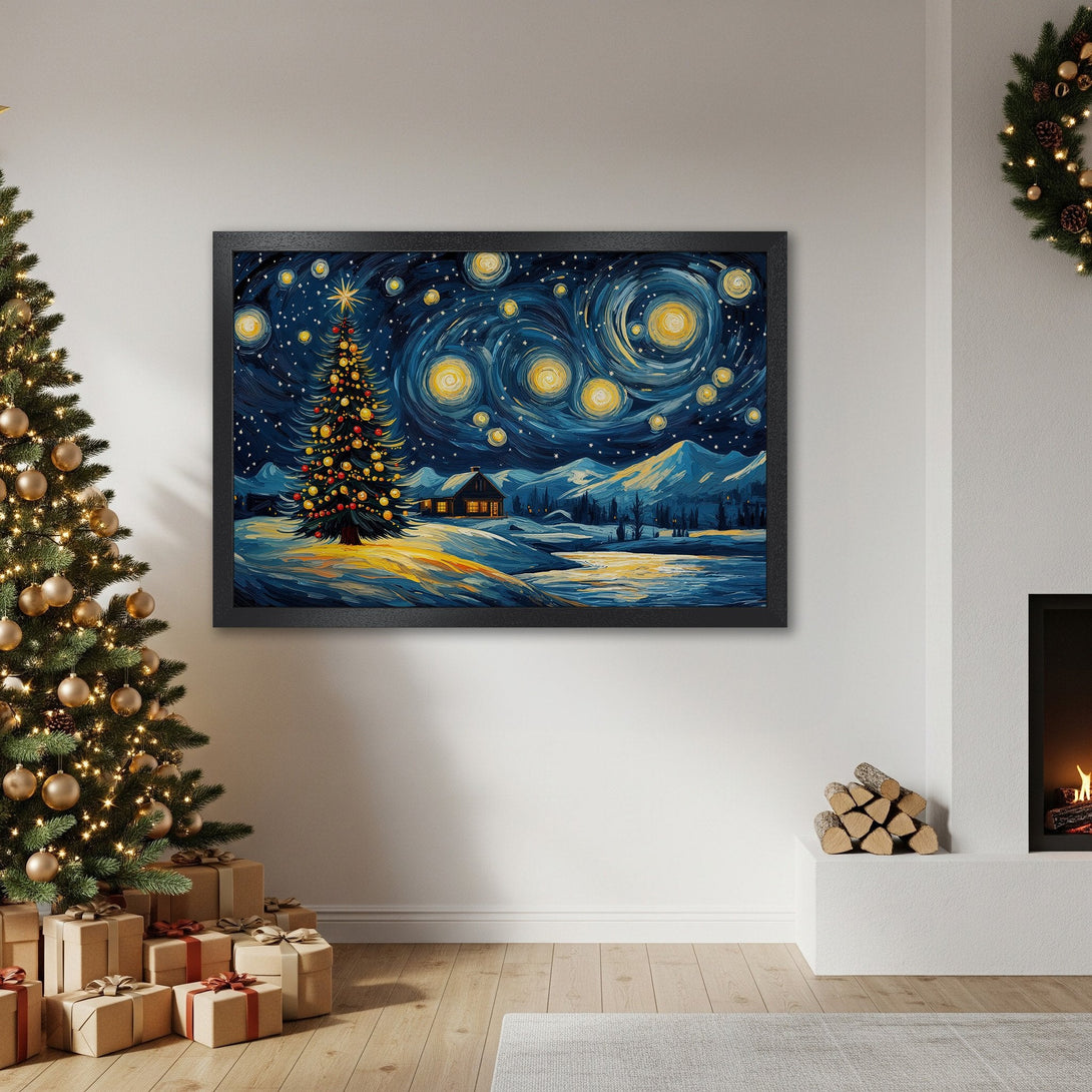 Framed Poster of a starry night Christmas scene, impressionist style, with blue, yellow, and white hues. Perfect holiday decor!