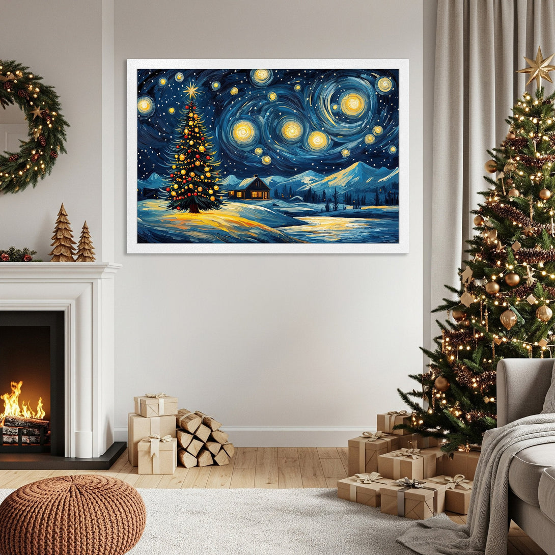 Framed Poster featuring a wintery Christmas scene in a Van Gogh style, with a blue and yellow color palette.