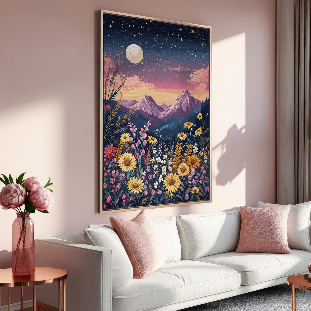 Framed Wall Art: Mountain landscape Canvas Print with vibrant floral foreground. Warm pink, yellow, and blue color palette. Perfect for adding a touch of nature to your home.