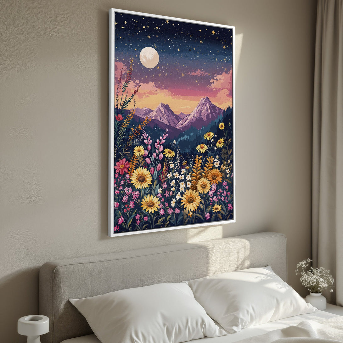 Framed Wall Art: Whimsical landscape Canvas Print with mountains, flowers, and a starry night sky. Features a vibrant, colorful palette of blues, pinks, and yellows.