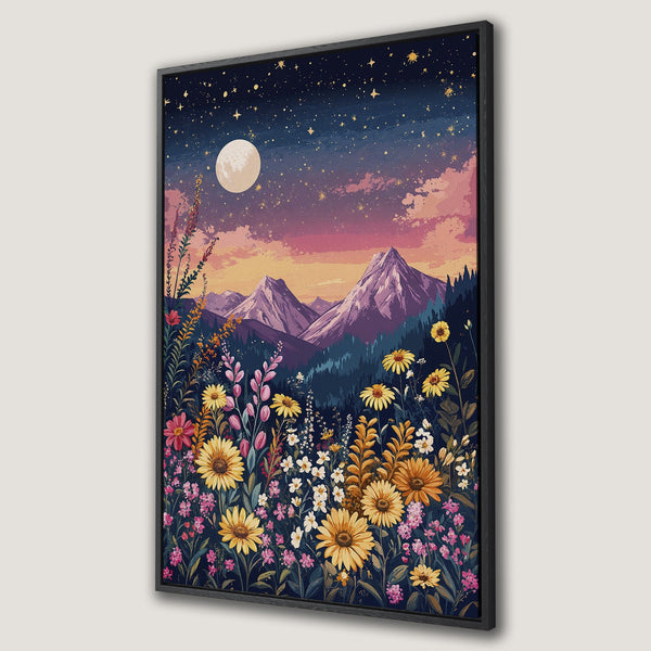 Framed Wall Art: Mountain landscape with wildflowers under a starry night sky. Featuring vibrant pink, yellow, and blue hues. Perfect for adding a touch of nature!