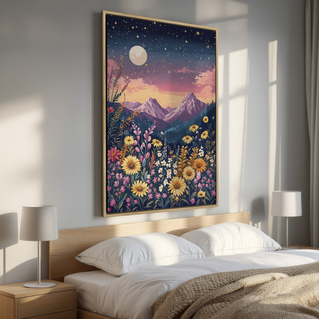 Framed Wall Art: Floral mountain landscape canvas print in warm sunset colors. Perfect bedroom decor with a dreamy, whimsical style.