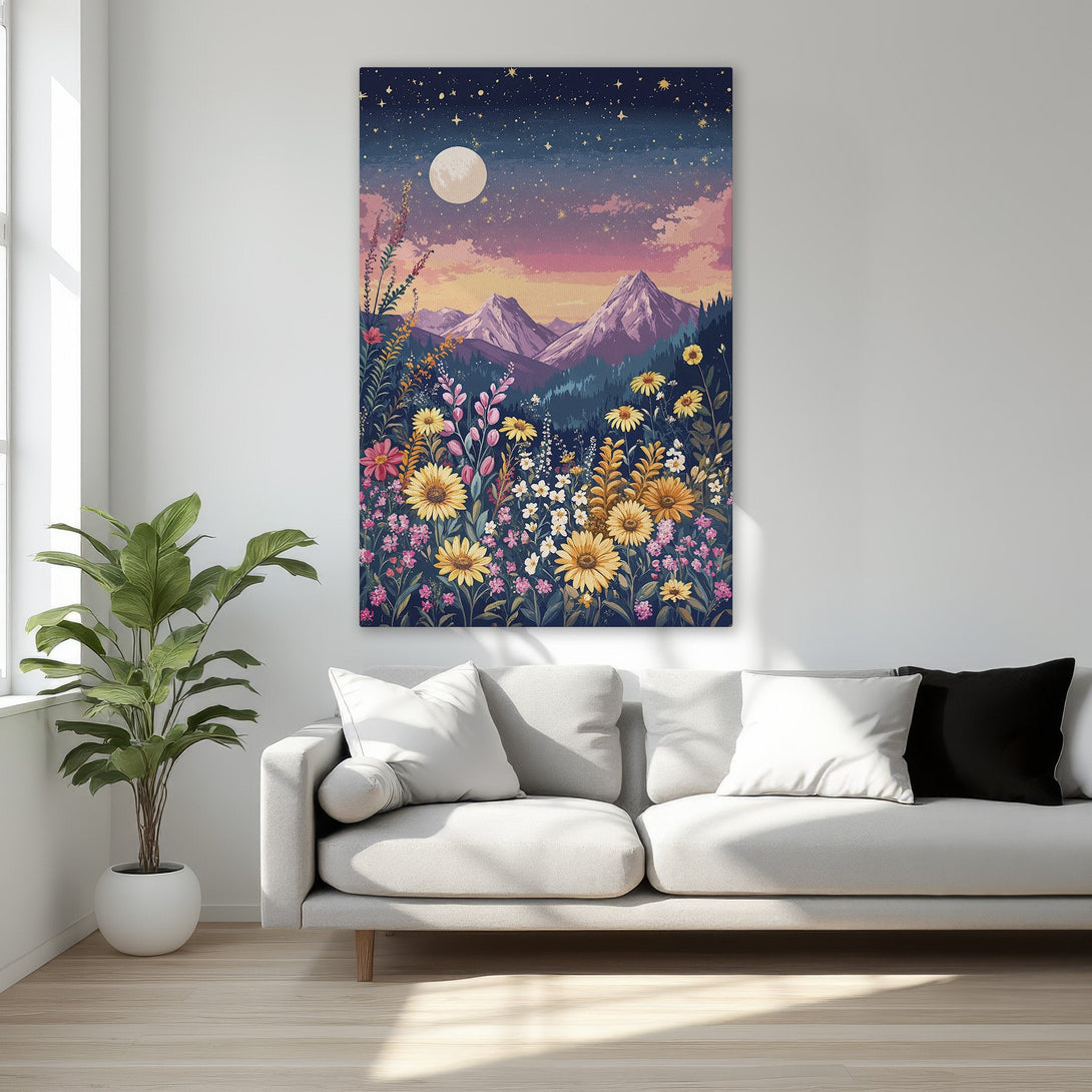 Framed Wall Art: Stunning landscape canvas print with a dreamy night sky, mountains, and wildflowers in a vibrant, colorful palette. Perfect for home decor!