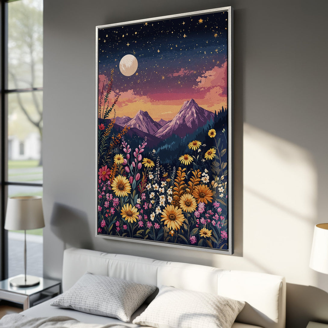 Framed Wall Art: Stunning floral landscape Canvas Print. Features mountains, starry night sky, and vibrant blooms in a warm, inviting color palette. Perfect for bedroom decor.