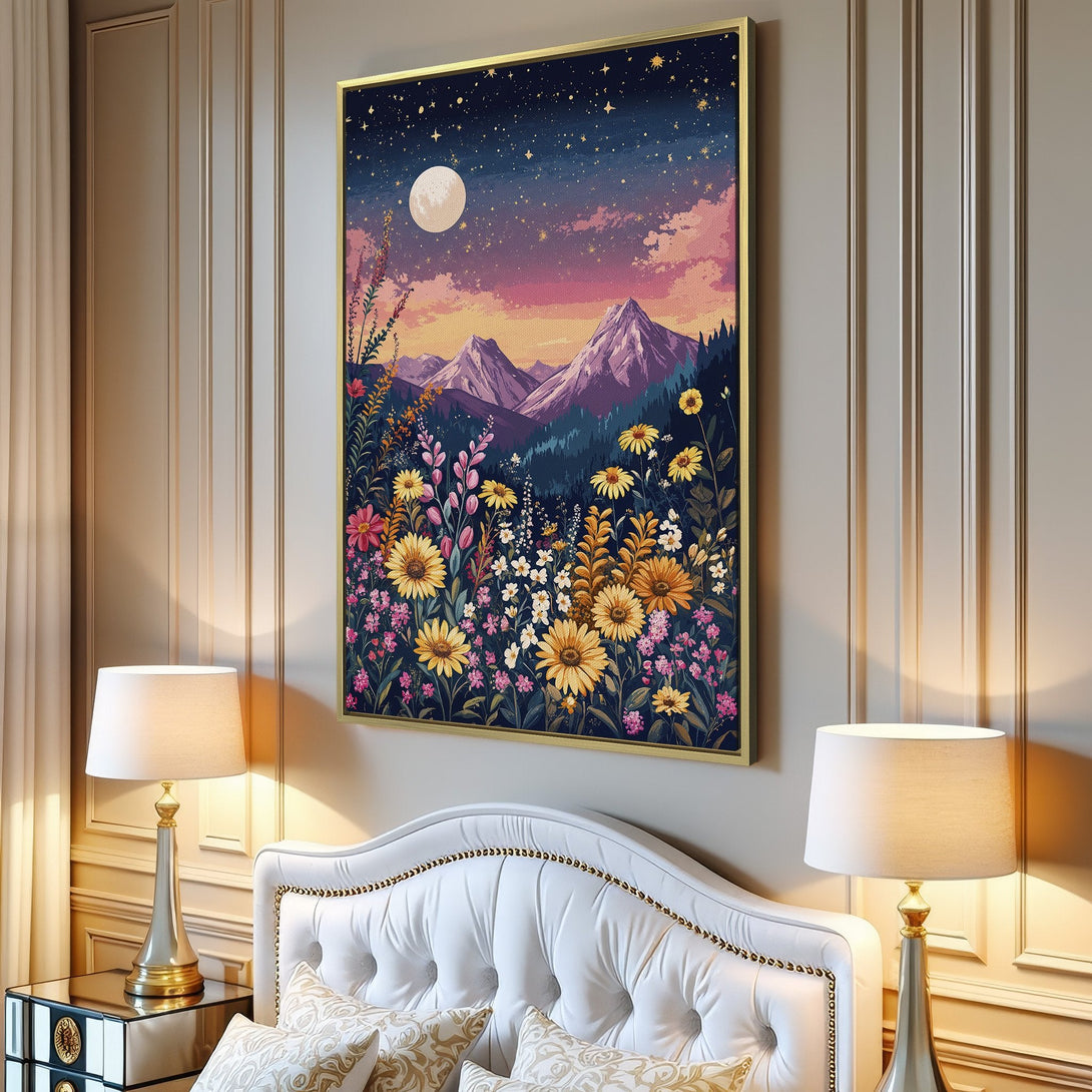 Canvas Print: Whimsical landscape art featuring mountains, flowers, and a starry night sky. Pastel color palette adds a dreamy touch to any room.