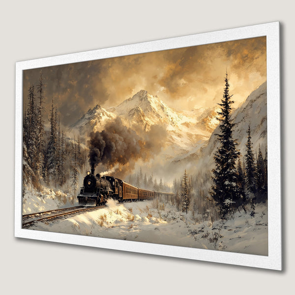 Framed Poster of a vintage train in a snowy mountain landscape, warm color palette, perfect for home decor.