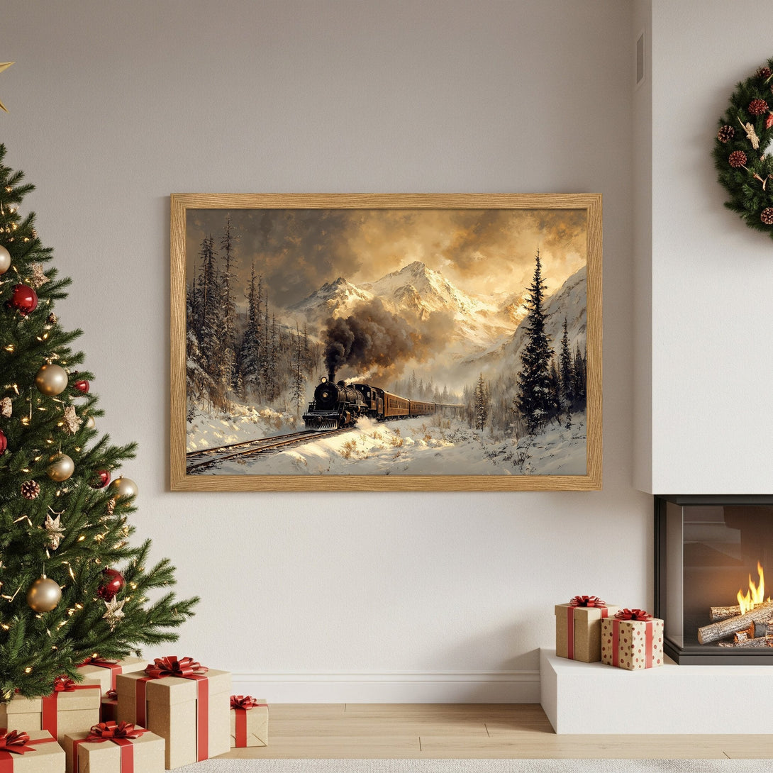 Framed Poster of a train in a snowy landscape. Vintage style, warm gold and brown tones. Perfect wall art for your home!