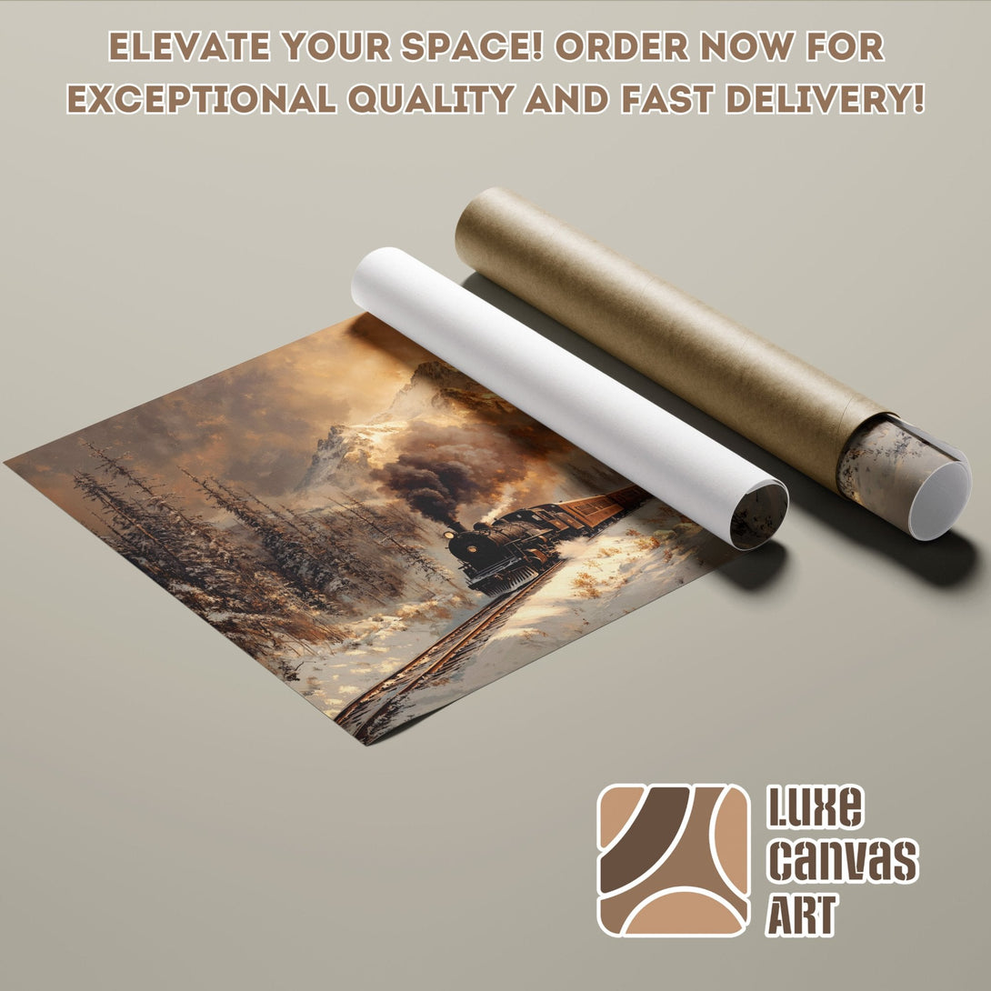Poster Roll featuring a train in a snowy landscape, warm color palette, perfect for home decor.